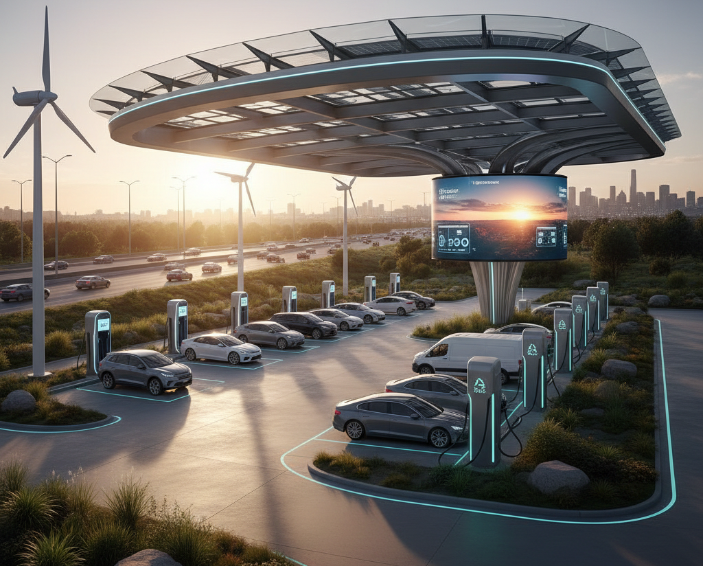 Future vision of an optimised EV charging network site with high-density charging infrastructure